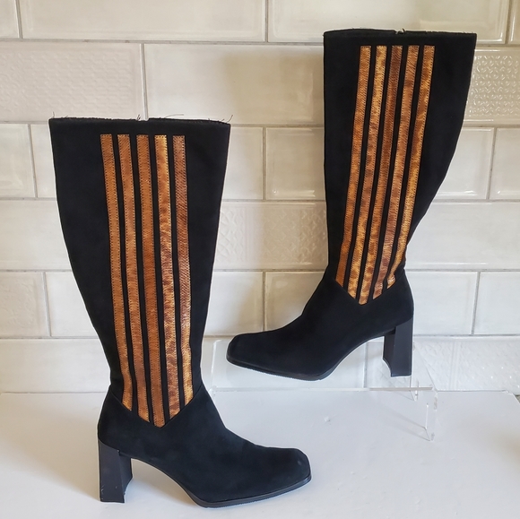 Carlos Falchi Shoes - Carlos Falchi 8 Vintage 90s Leather Suede Stripe Supermodel Chic Knee High Boots